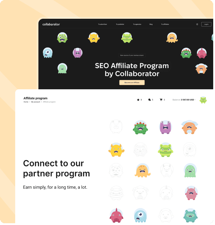 Image highlighting the Collaborator SEO Affiliate Program featuring a partner invitation and account balance overview